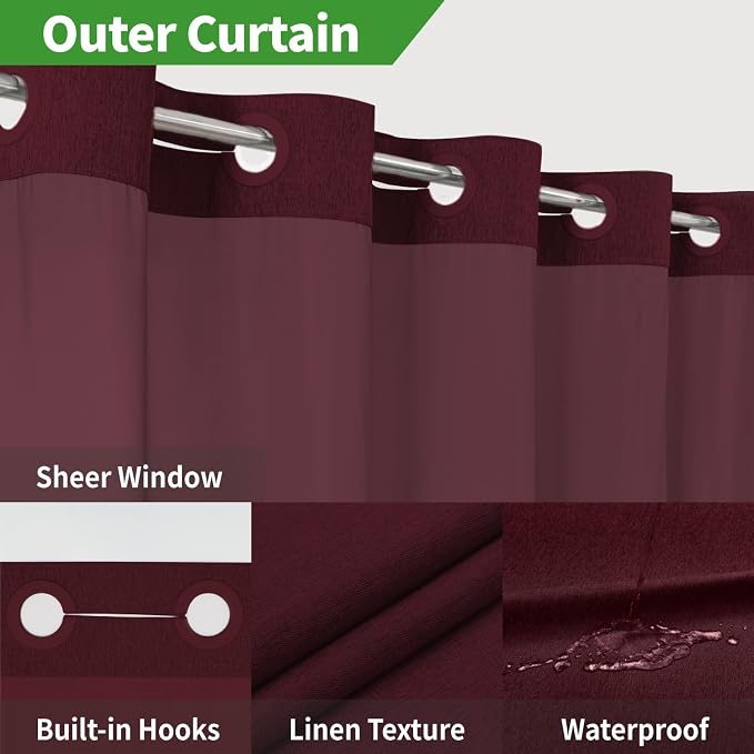 eachope No Hook Fabric Shower Curtain with Snap-in Liner,71x86 Burgundy | Extra Long,Linen Texture,230GSM Thick Fabric,Mesh Window,Bottom Magnetic,Waterproof & Machine Washable,for Bathroom,Hotel Use