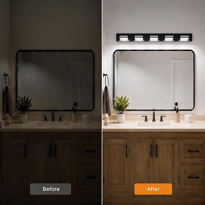 Black Modern LED Bathroom Vanity Light Fixtures over Mirror (36 in 5-Light) | Rotatable Heads, Dimmer Compatible, Wall Mount, Square Shape Design