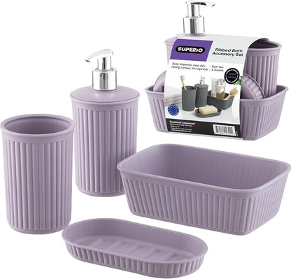 Superio Ribbed Collection - Decorative Plastic Bathroom Accessories Set, Lilac Purple (Set of 4) Soap Dish, Liquid Dispenser, Toothbrush Holder Cup, Vanity Organizer Tray - Bathroom Decor Gift