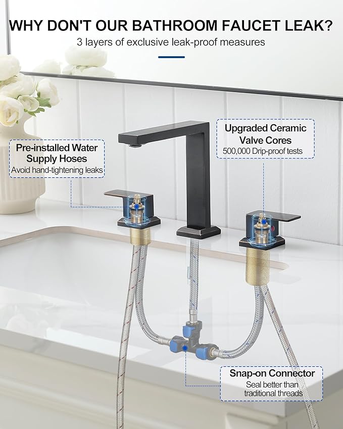 Oil Rubbed Bronze Bathroom Faucet 3 Hole, Brass 8 Inch Widespread Bathroom Sink Faucet 2 Handle with Pop-Up Drain & Pre-Installed cUPC Water Hoses for Vanity, Restroom, 4 Steps Quick Install