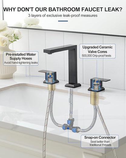 Oil Rubbed Bronze Bathroom Faucet 3 Hole, Brass 8 Inch Widespread Bathroom Sink Faucet 2 Handle with Pop-Up Drain & Pre-Installed cUPC Water Hoses for Vanity, Restroom, 4 Steps Quick Install