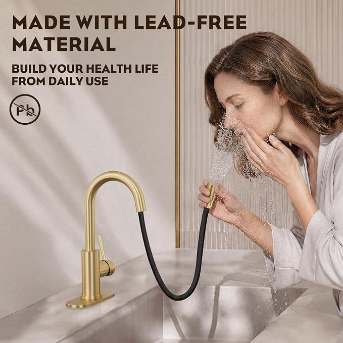 High Arc Pull-Down Bathroom Faucet, Brushed Gold Single Handle with Pull Out Sprayer & Pop-Up Drain, 1 or 3 Hole 2 Model RV Bar Laundry Utility Sink Faucet with Deck Plate, WE08CL-ZY-BG