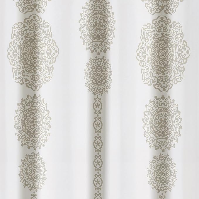 Lush Decor Stripe Medallion Shower Curtain-Fabric Mandala Bohemian Damask Print Design, 72" x 72", Neutral