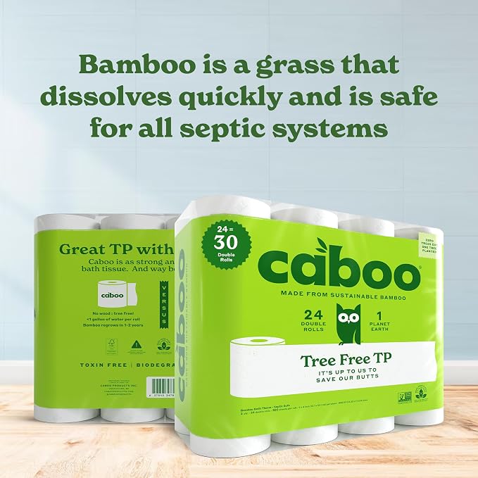 Caboo Tree Free Toilet Paper, PFAS Free, Septic Safe, 24 Double Rolls | Made with 100% Bamboo, Responsibly Sourced, Organically Grown, Hypoallergenic, BPA Free, Lint Free, Chemical Free, Toxin Free
