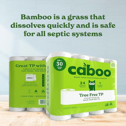 Caboo Tree Free Toilet Paper, PFAS Free, Septic Safe, 24 Double Rolls | Made with 100% Bamboo, Responsibly Sourced, Organically Grown, Hypoallergenic, BPA Free, Lint Free, Chemical Free, Toxin Free