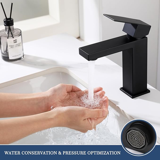 Black Bathroom Faucets One Hole Sink Faucet Single Handle 1 Hole Vanity SUS304 Stainless Steel Faucet for Bathroom Sink Matte Black Bathroom Faucet, SF3-BK