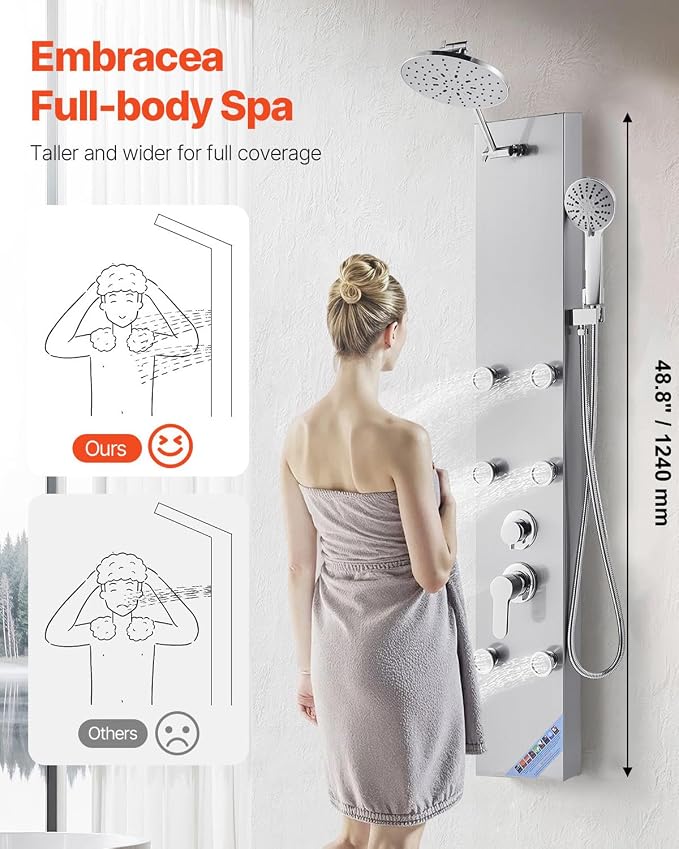 VEVOR Shower Panel Tower System with Rainfall Shower Head, 49 in Brushed Stainless Steel Shower Column, 3-Function Faucet, High Pressure Wall-Mount Rain Massage System with 6 Body Jets and Handheld