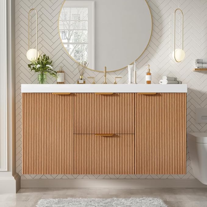 42 Inch Floating Bathroom Vanity with Thick SMC Countertop Single Sink, Wall Mounted Bathroom Vanities Wood Grain Vanity for Bathrooms with 2 Soft-Close Doors 2 Fluted Drawers, Easy Assembly (Wood)