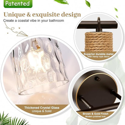 Bathroom Light Fixtures, 2-Light Coastal Vanity Lights with Crystal Glass Shade, Brown and Gold Bathroom Wall Lamp for Mirror Kitchen Hallway Cabinet