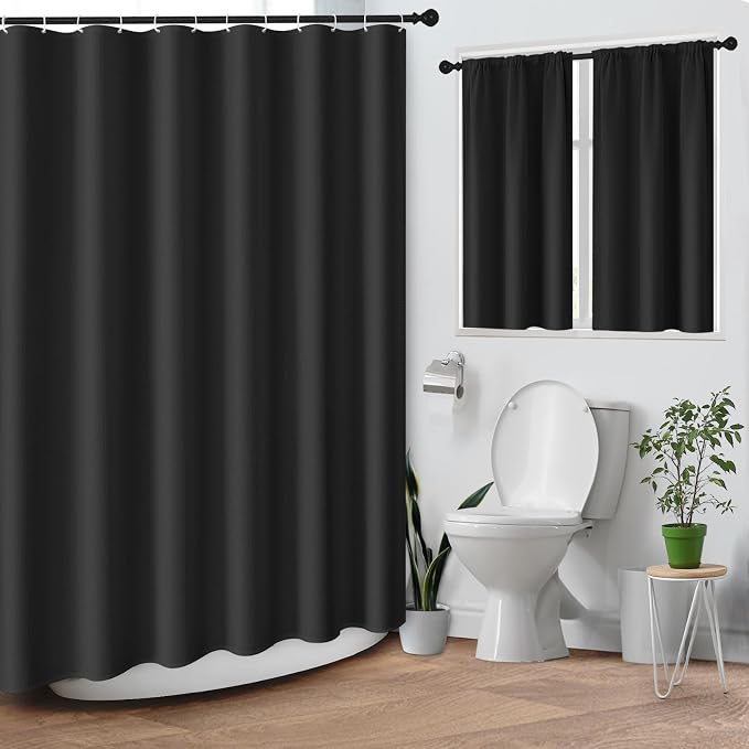 Shower Curtain Set, for Bathroom Decor 72" x 72", Modern Black | Black Waffle Textured Solid Waffle Textured Cloth Waterproof Matching Window Shower Curtain 36 x 30 Inches