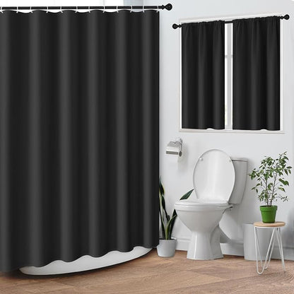 Shower Curtain Set, for Bathroom Decor 72" x 72", Modern Black | Black Waffle Textured Solid Waffle Textured Cloth Waterproof Matching Window Shower Curtain 36 x 30 Inches