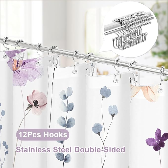 Extra Long 3 in 1 Shower Curtain Set, Purple Watercolor Floral Bath Curtain and PEVA Liner Set with 12 Double Sided Steel Hooks, Waterproof Fabric Bathroom Curtain 72x84