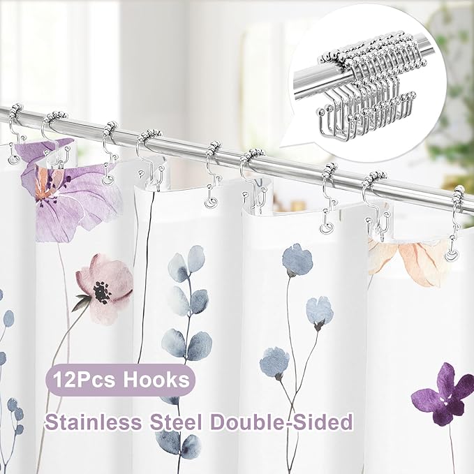 3 in 1 Shower Curtain Set, Purple Watercolor Floral Bath Curtain and PEVA Liner Set with 12 Double Sided Steel Hooks, Waterproof Fabric Bathroom Curtain 72x72