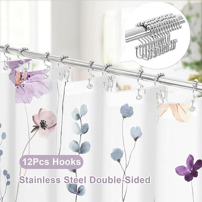 Long 3 in 1 Shower Curtain Set, Purple Watercolor Floral Bath Curtain and PEVA Liner Set with 12 Double Sided Steel Hooks, Waterproof Fabric Bathroom Curtain 72x78