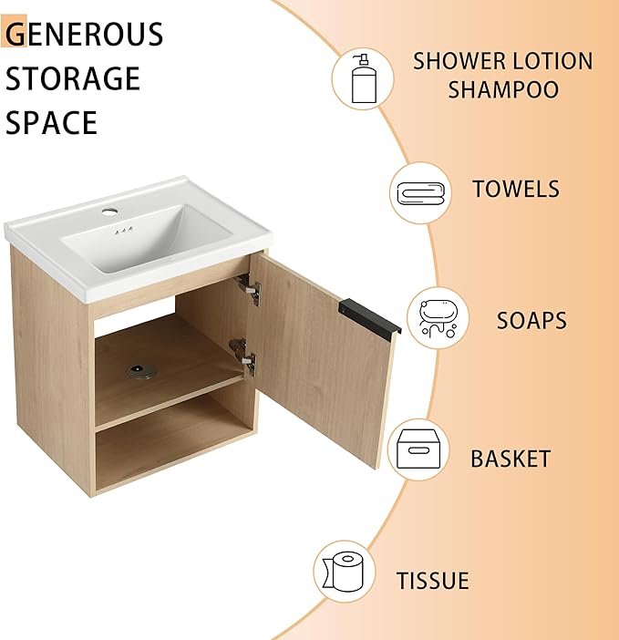 20 Inch Floating Vanity for Small Space, 20" Bathroom Vanity with Sink, Single Sink Bathroom Vanity Combo, Modern Bathroom Vanity, Brown Wall Mounted Cabinet Set