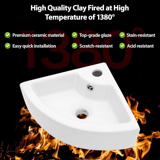 18"x 13" Wall Mount Corner Bathroom Sink White Porcelain Small Vessel Sink | Triangle Floating Wash Hand Basin Small White Porcelain Ceramic Floating Vessel Vanity Sink Wall Hung Bathroom Sink