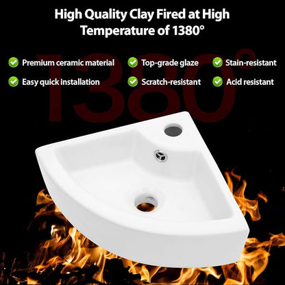 18"x 13" Wall Mount Corner Bathroom Sink White Porcelain Small Vessel Sink | Triangle Floating Wash Hand Basin Small White Porcelain Ceramic Floating Vessel Vanity Sink Wall Hung Bathroom Sink