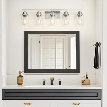 Bathroom Vanity Light, 5-Light Nickel Modern Matte Wall Sconce Lighting with Clear Glass Shade, Wall Lights,Bath Vintage Wall Mounted Lamps for Mirror Bedroom Living Room