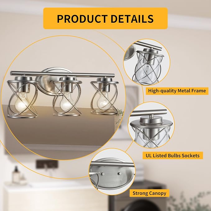 3-Lights Bathroom Vanity Lights, Bathroom Light Fixtures Over Mirror, Brushed Nickel Vanity Light, Farmhouse Wall Lights with Clear Glass Shade, Bathroom Wall Lamp for Mirror Kitchen Bedroom