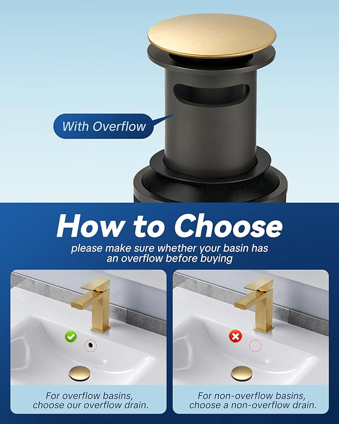 Pop Up Drain with Overflow, ARCORA Brushed Gold Bathroom Sink Drain, Pop Up Drain for Vessel Sink