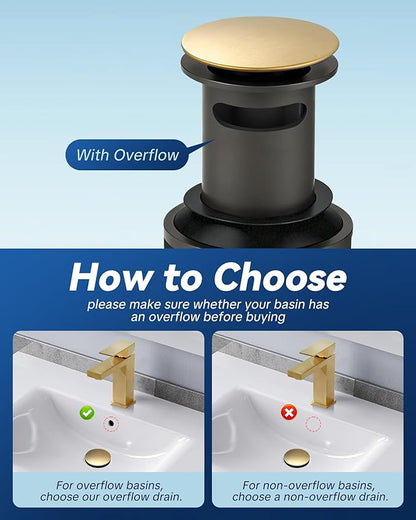 Pop Up Drain with Overflow, ARCORA Brushed Gold Bathroom Sink Drain, Pop Up Drain for Vessel Sink