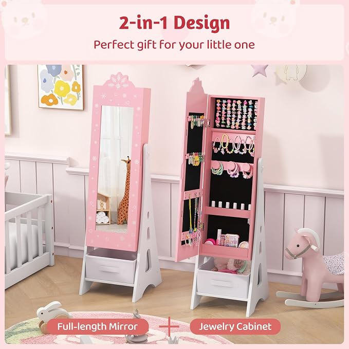 CHARMAID Kids Jewelry Cabinet - Standing Full Length Mirror With Storage, Ring Earring Necklace Organizer Box, Vanity Dressing Armoire for Girls (Pink)