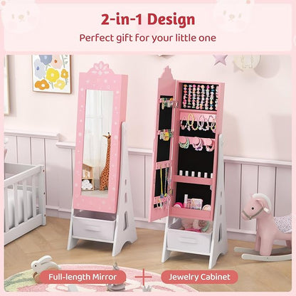 CHARMAID Kids Jewelry Cabinet - Standing Full Length Mirror With Storage, Ring Earring Necklace Organizer Box, Vanity Dressing Armoire for Girls (Pink)