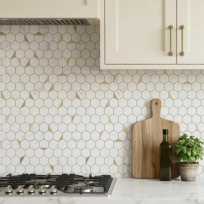 10-Sheet Heavy-Duty Hexagon Peel and Stick Backsplash, Thick Waterproof &Heat Resistant Stick on Wall Tiles, Marble White Mosaic for Kitchen & Bathroom, Strong Adhesive Permanent PVC Tiles