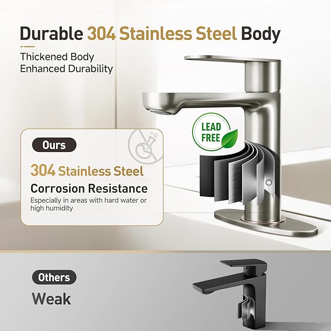 Single Hole Bathroom Faucet | 6.7" Brushed Nickel Single Handle Bathroom Faucet with 304 Stainless Steel Body, Spot-Free Finish & Anti-Splash | Premium Ceramic Valve, Easy Installation