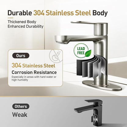 Single Hole Bathroom Faucet | 6.7" Brushed Nickel Single Handle Bathroom Faucet with 304 Stainless Steel Body, Spot-Free Finish & Anti-Splash | Premium Ceramic Valve, Easy Installation