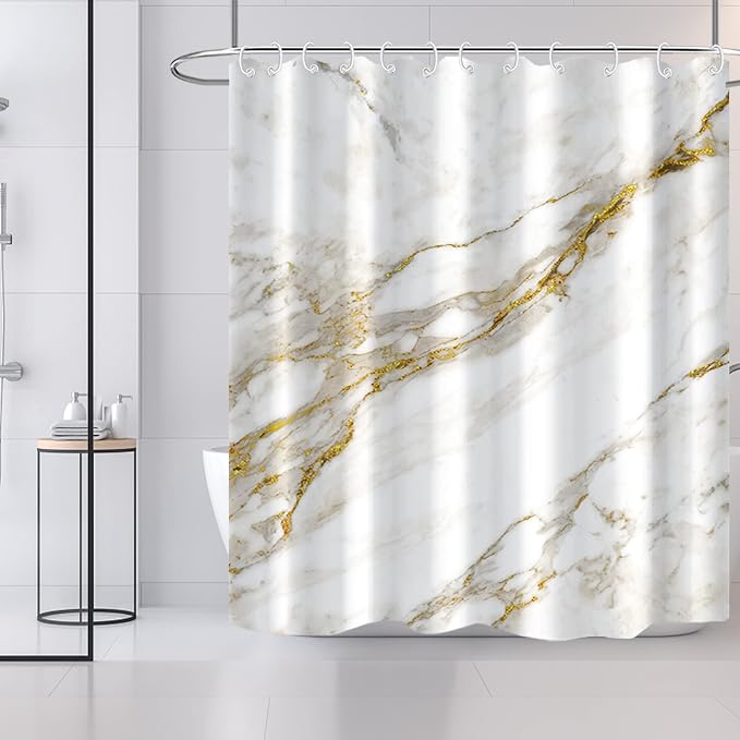 AWERT Abstract Minimalism White and Gold Ink Art Marble Shower Curtain for Bathroom Modern High Definition Printing Waterproof Shower Curtain with Hooks Bathroom Decor 72x84 inch