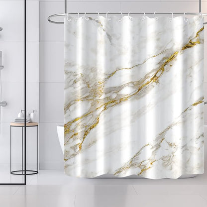 AWERT Abstract Minimalism White and Gold Ink Art Marble Shower Curtain for Bathroom Modern High Definition Printing Waterproof Shower Curtain with Hooks Bathroom Decor 72x84 inch