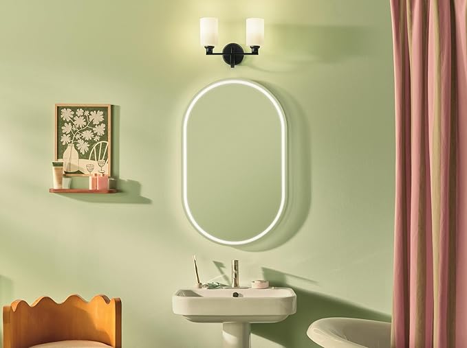 Kichler Gioe 14.25" 2-Light Vanity Light with Opal Glass in Black, Damp Rated, for Bathroom, Powder Room, Over a Mirror, (14.25" W x 10.5" H), 55225BK
