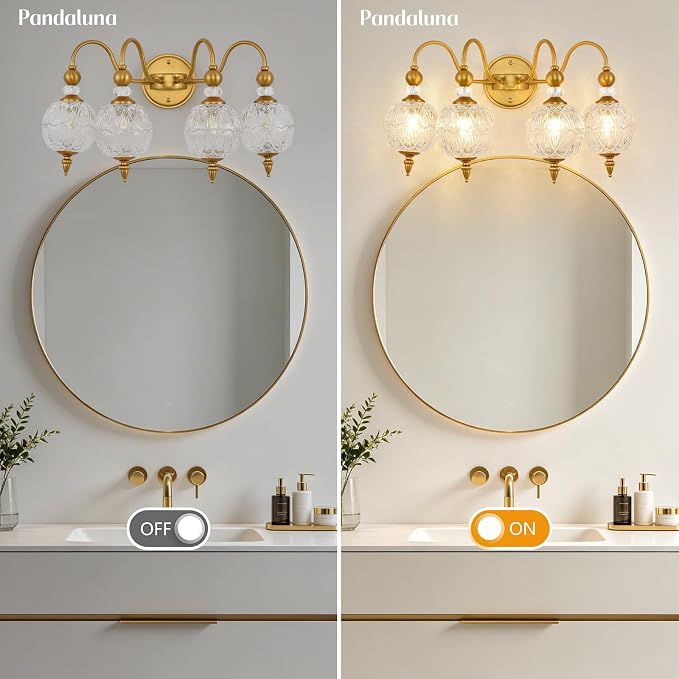 Vintage 4-Light Bathroom Vanity Light Over Mirror, Matte Brass | 22in Wide Farmhouse Bathroom Decor, Ribbed Glass Shades, G9 base, Wall Mounted, Mid Century Wall Sconces Vanity Lighting
