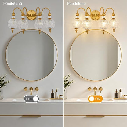 Vintage 4-Light Bathroom Vanity Light Over Mirror, Matte Brass | 22in Wide Farmhouse Bathroom Decor, Ribbed Glass Shades, G9 base, Wall Mounted, Mid Century Wall Sconces Vanity Lighting