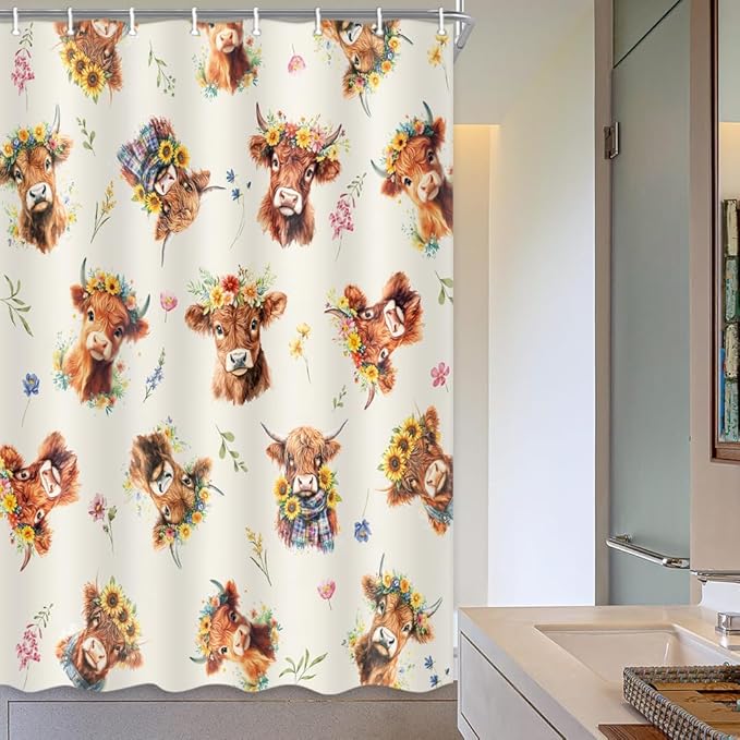 Highland Cow Shower Curtain, Sunflower Floral Wreath Cow Print Farmhouse & Country Style Fun Shower Curtain for Bathroom, Fabric Polyester Bathroom Curtains Set with Hooks, 48X72inch.