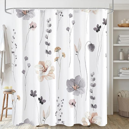 Charcoal Grey Watercolor Floral Fabric Shower Curtain, 72x72 | Waterproof Fabric, Modern Minimalist Floral Print, Machine Washable, Rustproof Grommets, Fade Resistant, for Bath Home RV