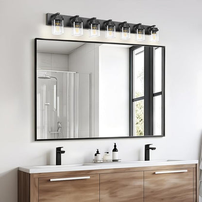 Black Bathroom Light Fixtures, 7 Lights Bathroom Lighting Fixtures Over Mirror, Square Design & Rectangle Large Backplate, Modern Vanity Lighting Fixtures, for Bathroom/Living Room/Bedroom