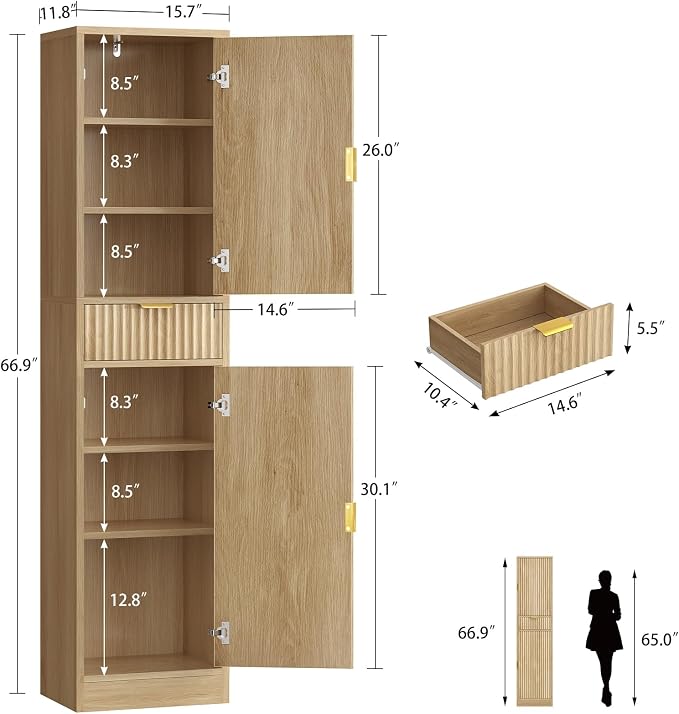 TEENFON 67″ Storage Cabinet with 1 Drawer and 2 Doors,Tall Bathroom Storage Cabinet with Adjustable Shelves, Rattan Fluted Cabinet for Bathroom, Living Room, Kitchen, Natural Oak