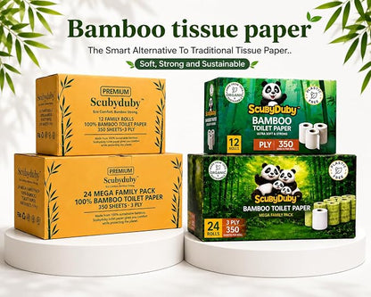 Premium & Soft Bamboo Toilet Paper | PFAS Free | 24 Mega Rolls, 3 ply & 350 Sheets | Non Toxic, Septic Safe, BPA Free | Tree Free Toilet Tissue | Plastic Free Packaging