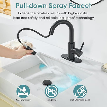 Black Bathroom Faucet with Pull Down Sprayer, Single Hole Bathroom Faucet with Pop-up Drain and Flexible Hoses, 1 Handle Sink Faucets for Vanity, Modern Farmhouse, Vanity, Restroom