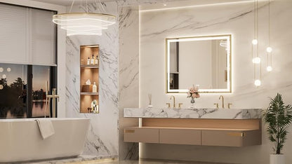 Keonjinn 48x36 Inch Gold LED Bathroom Mirror with Lights, Beveled Edge | Frontlit & Backlit, Lighted Bathroom Mirror, HD Tempered Glass, 3 Color Temperatures, Anti-fog, Stepless Dimmable