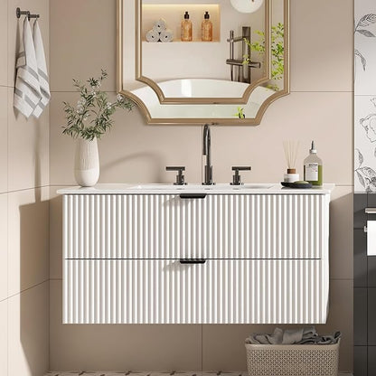 Bathroom Vanity 36 inch with Sink, Floating Bathroom Vanity, White Ceramic Sink & Double Drawers, Soft-Close Design, Wall Mount Bathroom Cabinet, Modern Floating 36" Vanity