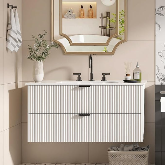 Bathroom Vanity 36 inch with Sink, Floating Bathroom Vanity, White Ceramic Sink & Double Drawers, Soft-Close Design, Wall Mount Bathroom Cabinet, Modern Floating 36" Vanity