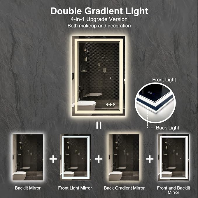 LED Mirror for Bathroom, 24x36 Inch Gradient Front and Backlight LED Bathroom Mirror, 3 Colors Dimmable CRI>90 Double Lights, Enhanced Anti-Fog, Hanging Plates Wall Mount Lighted Mirror