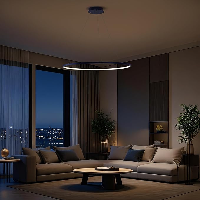 JONATHAN Y 35" Navy Modern Integrated LED Pendant Light, Dimmable Round Hoop Chandelier for Kitchen Island, Dining Room, Adjustable Height Metal Hanging Light (JYL7220F)