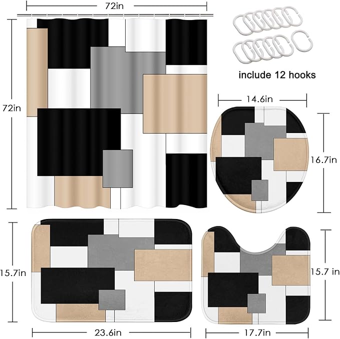 Bathroom Sets with Shower Curtain and Rugs, 4 Pcs, Geometric Beige | Checkered Abstract Modern Bathroom Decor Set with Toilet Lid Cover, Non-Slip Bath Mats and Accessories 12 Hooks