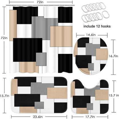 Bathroom Sets with Shower Curtain and Rugs, 4 Pcs, Geometric Beige | Checkered Abstract Modern Bathroom Decor Set with Toilet Lid Cover, Non-Slip Bath Mats and Accessories 12 Hooks