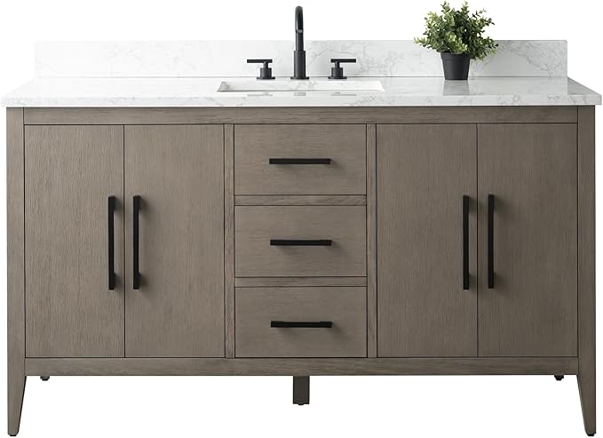Vanity Art 60 inch Bathroom Vanity with Single Sink & Ceramic Top, Vanity Cabinet with Soft-Closing Doors, Drawers, Solid Wood Frame, Driftwood Gray, VA9060-SDG-MB1