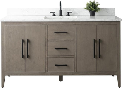 Vanity Art 60 inch Bathroom Vanity with Single Sink & Ceramic Top, Vanity Cabinet with Soft-Closing Doors, Drawers, Solid Wood Frame, Driftwood Gray, VA9060-SDG-MB1